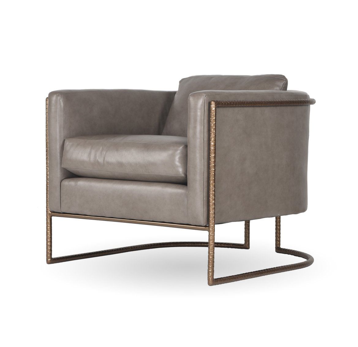 A grey leather chair with a metal frame on a white background.