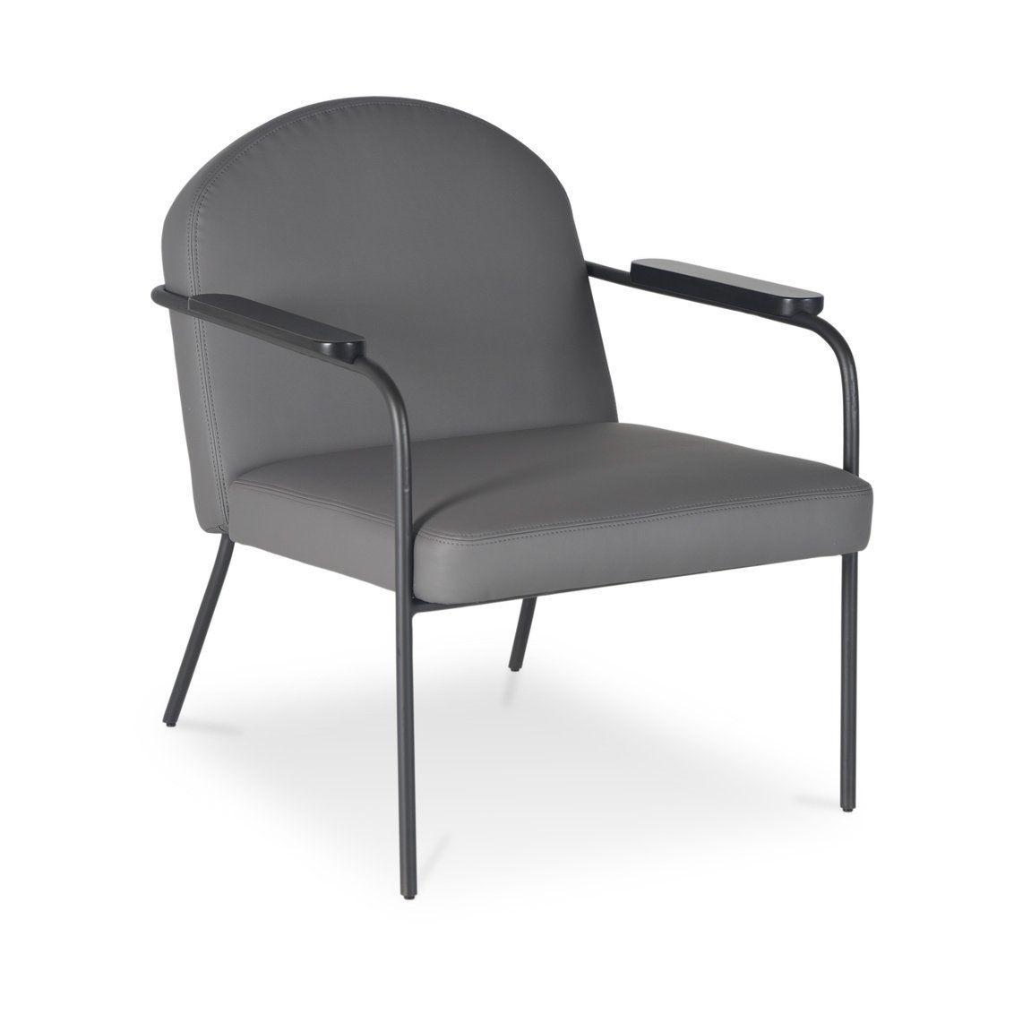 A grey chair with black legs and armrests on a white background