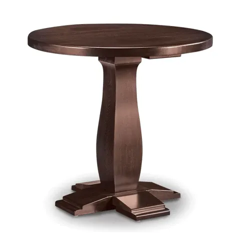 A round wooden table with a pedestal base on a white background