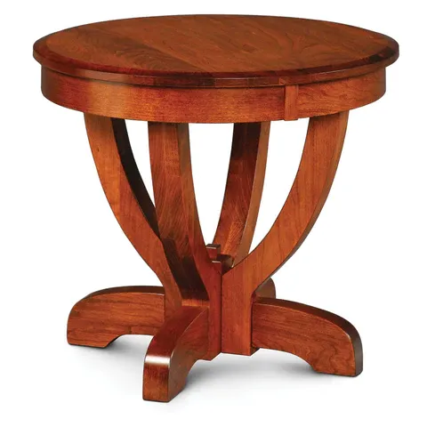 A small wooden table with a round top on a white background