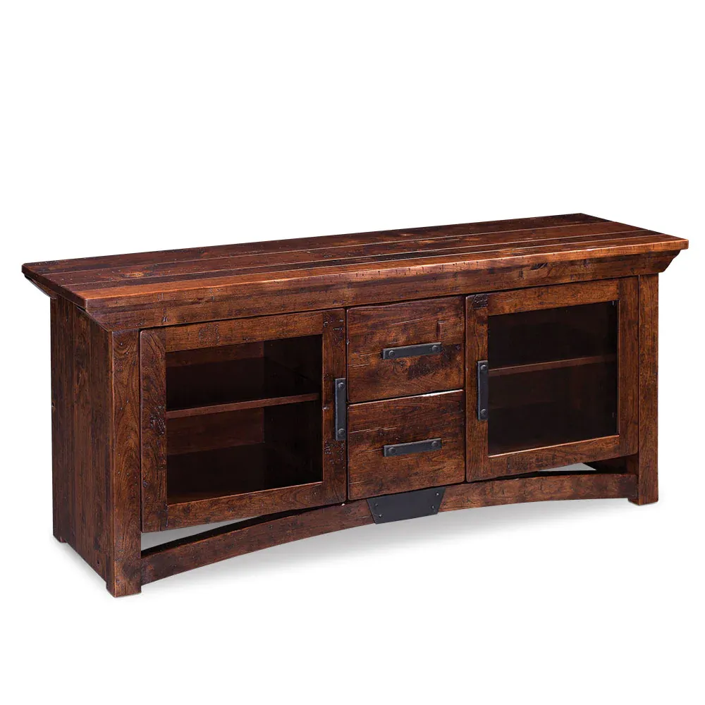 A wooden entertainment center with drawers and glass doors on a white background.