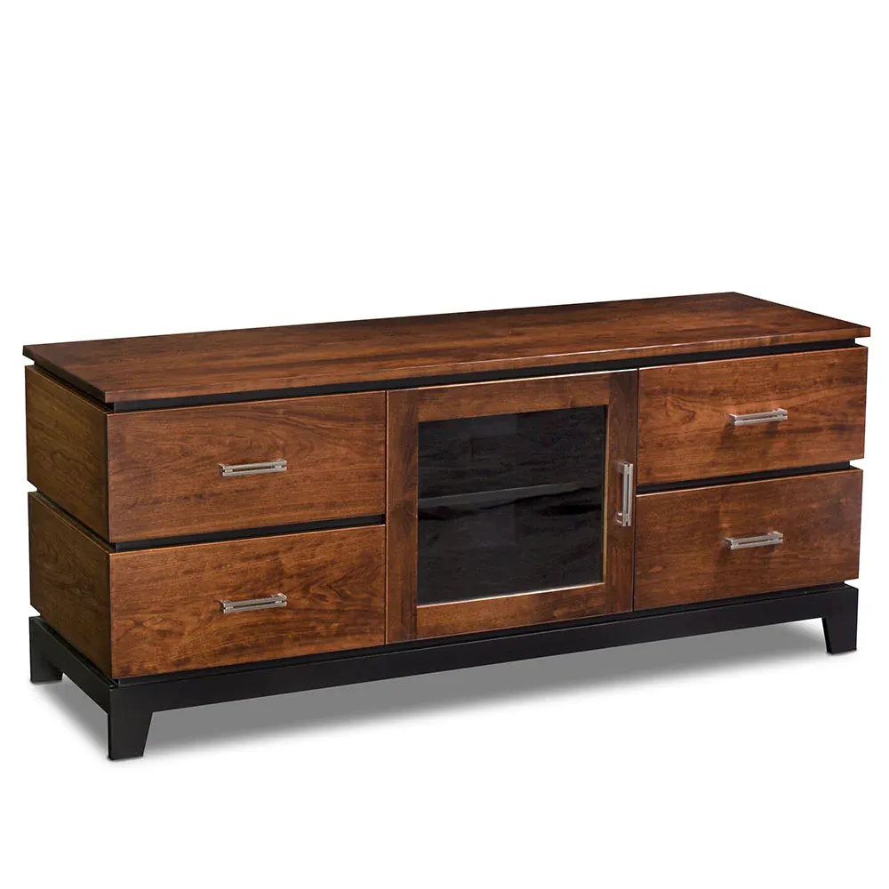 A wooden entertainment center with drawers and a glass door.