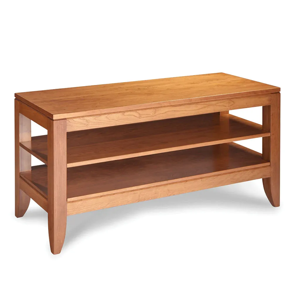 A wooden table with two shelves on a white background