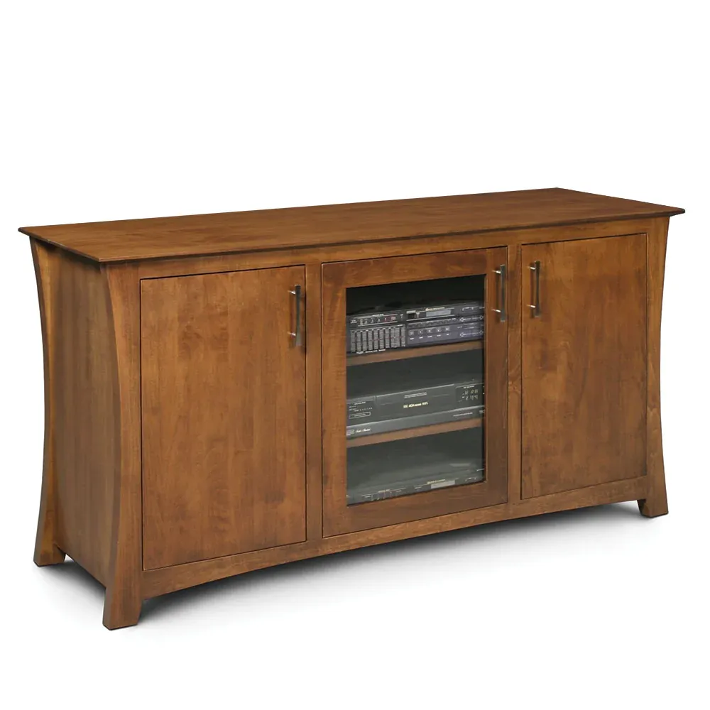A wooden entertainment center with glass doors and shelves