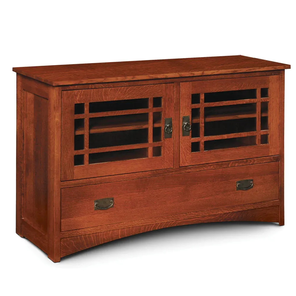 A wooden entertainment center with two doors and two drawers
