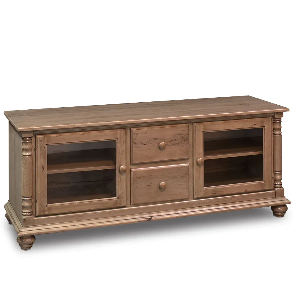 A wooden entertainment center with drawers and glass doors
