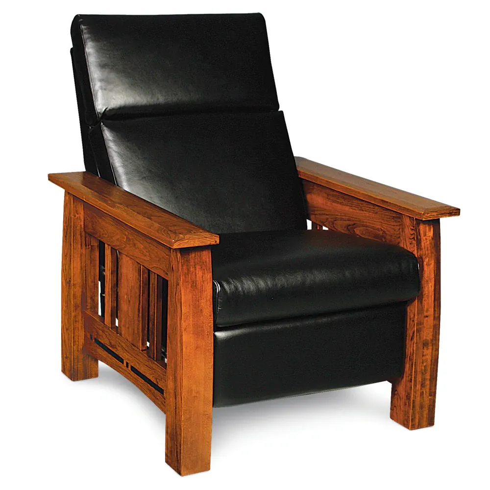 A wooden recliner with a black leather seat