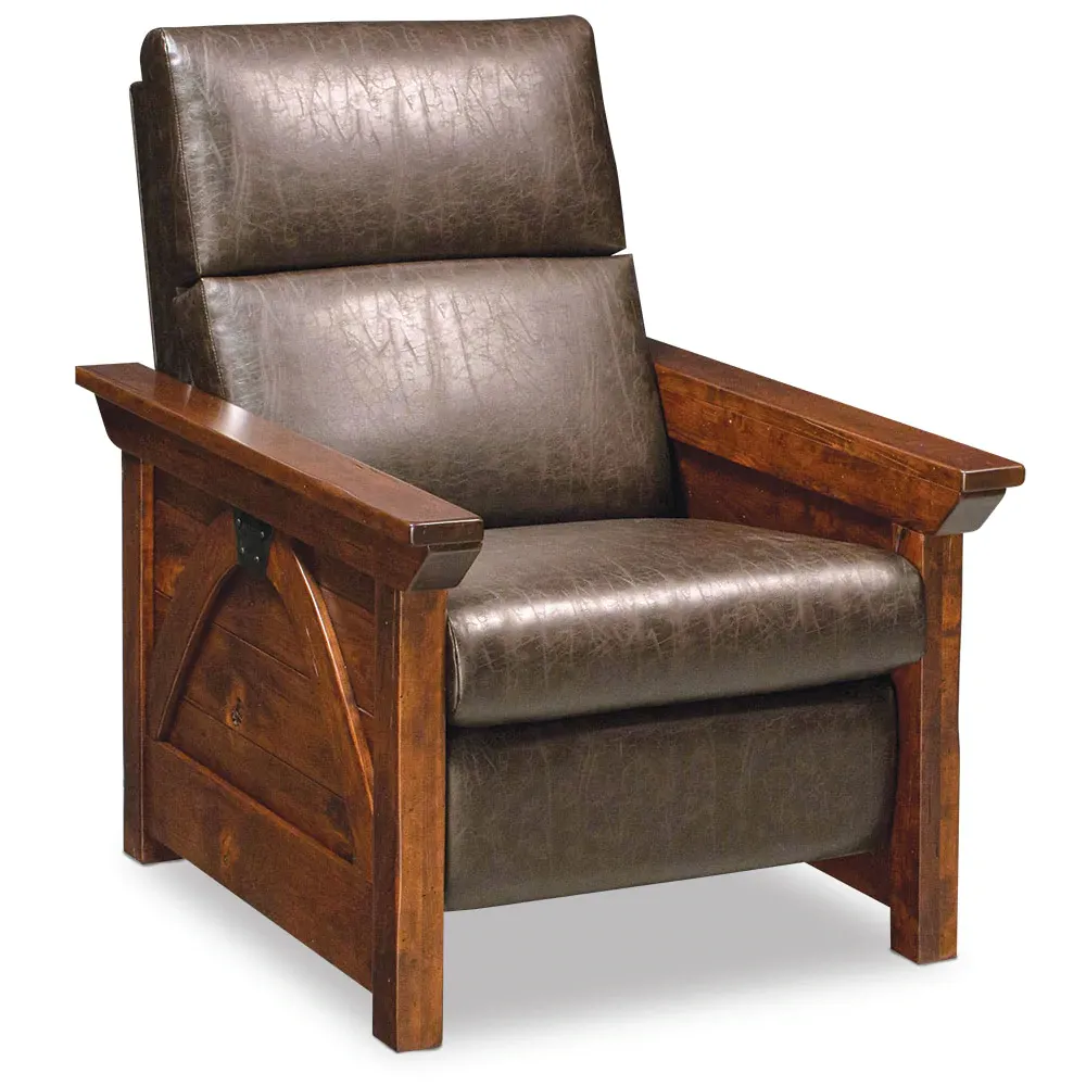 A brown leather recliner with wooden arm rests