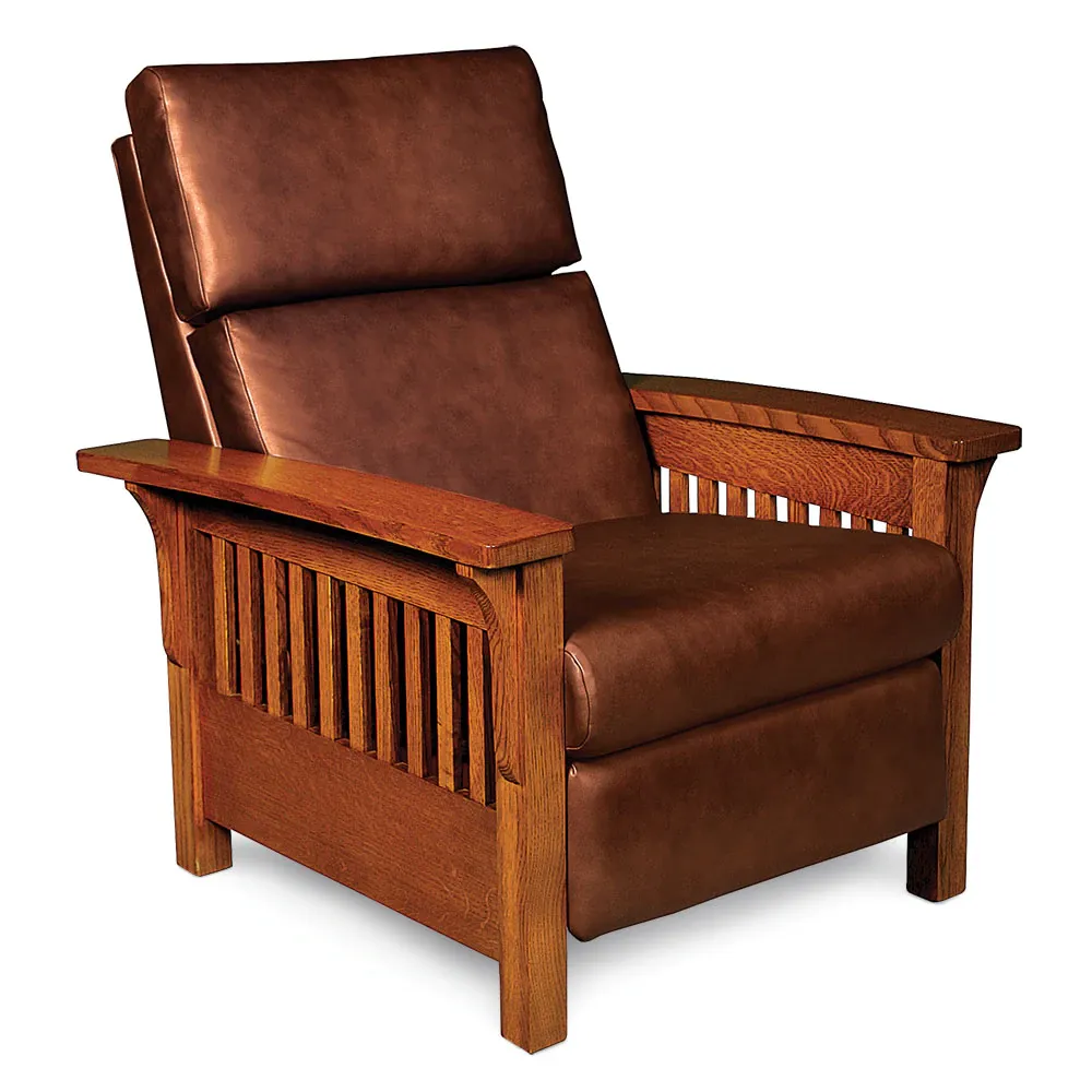 A brown leather recliner with wooden arm rests on a white background