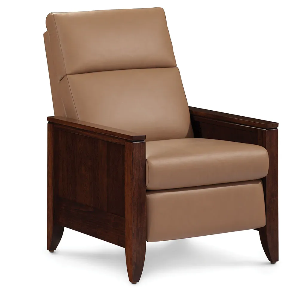 A brown leather recliner with a wooden frame