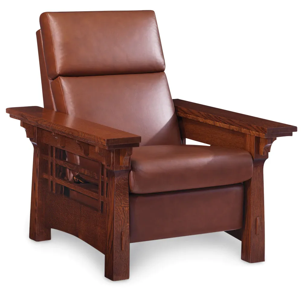 A brown leather chair with wooden arm rests on a white background