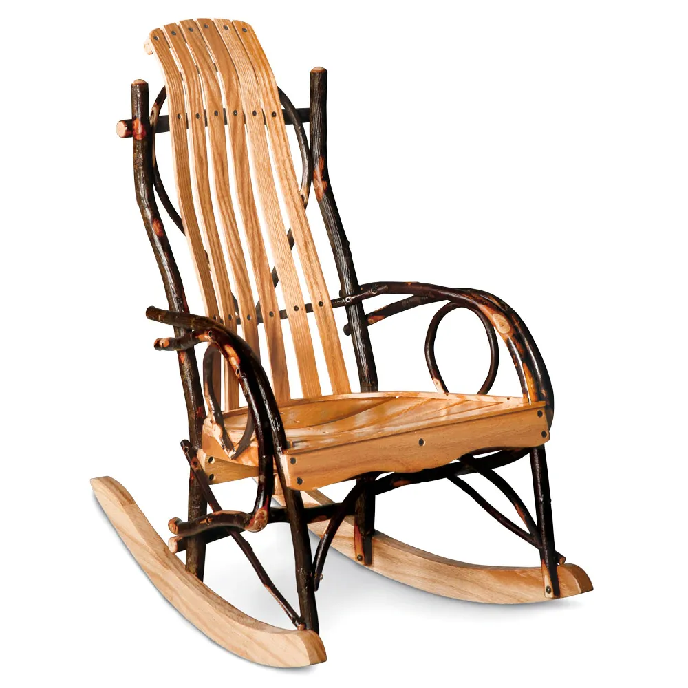 A wooden rocking chair with a black frame on a white background