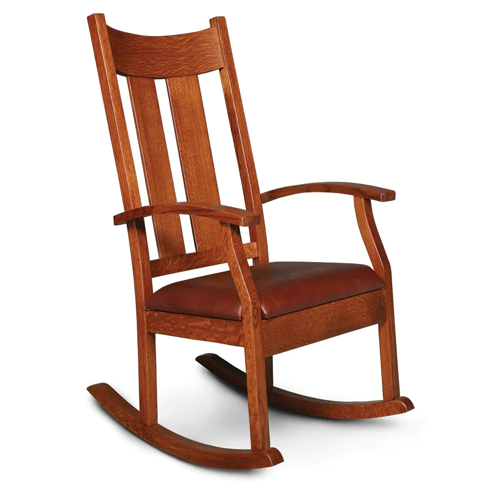A wooden rocking chair with a brown cushion on a white background