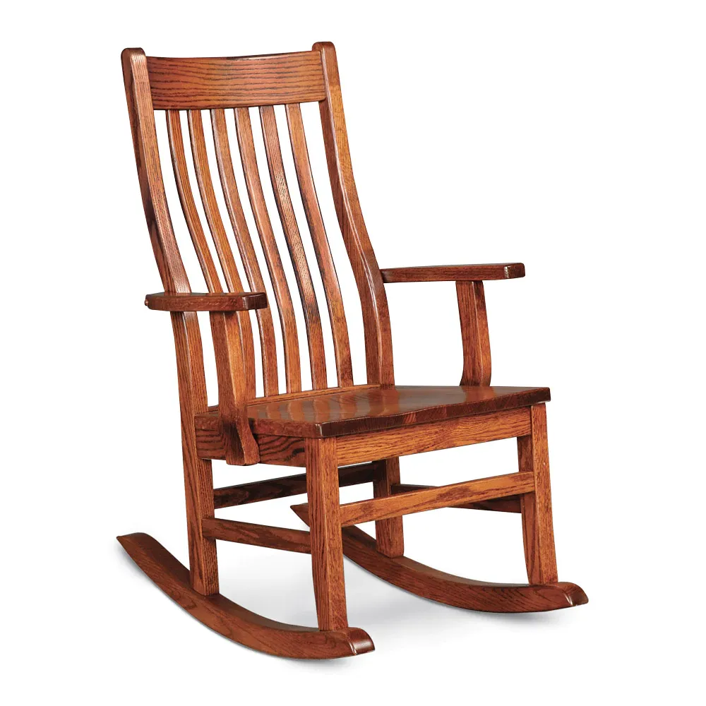 A wooden rocking chair on a white background