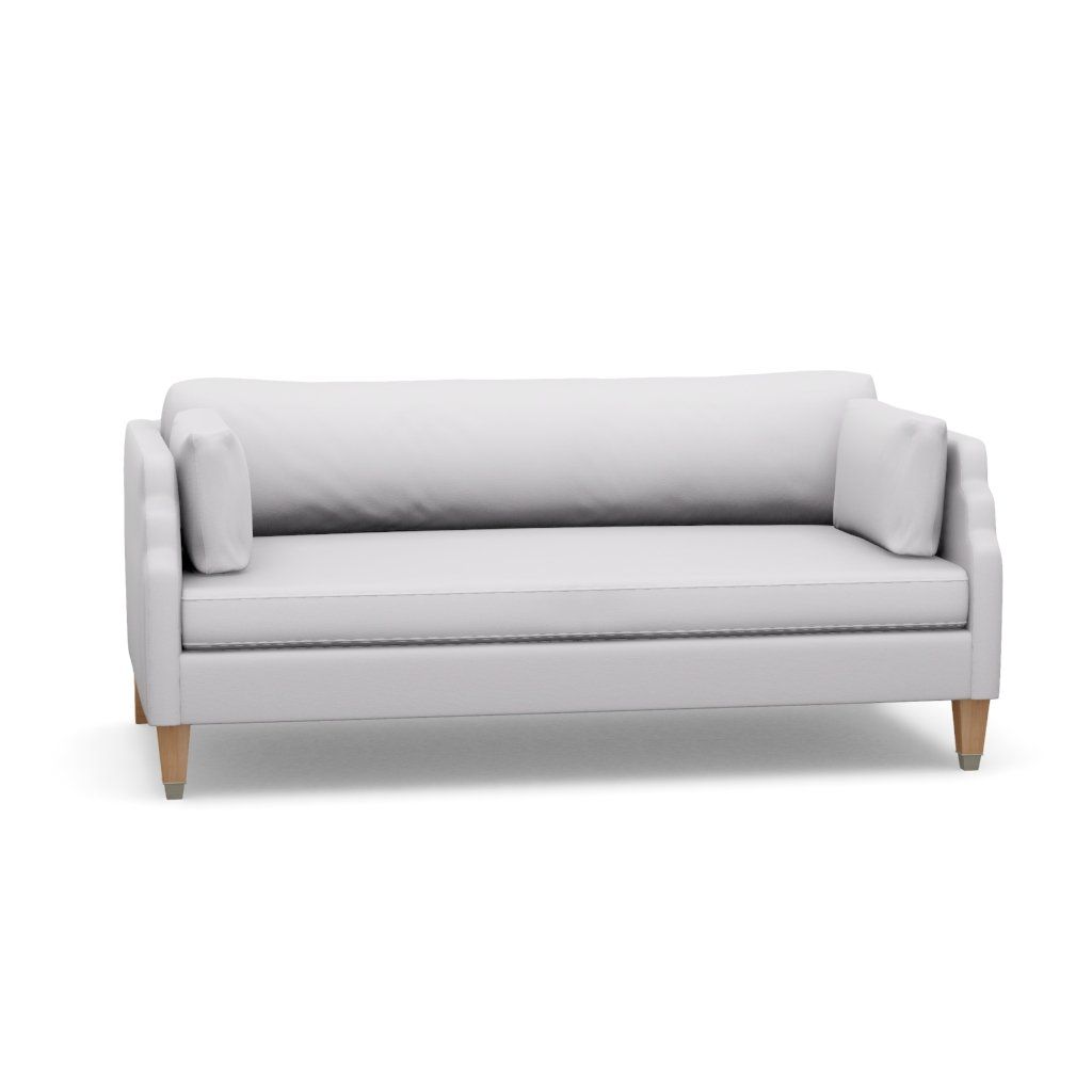 A white couch with wooden legs on a white background.