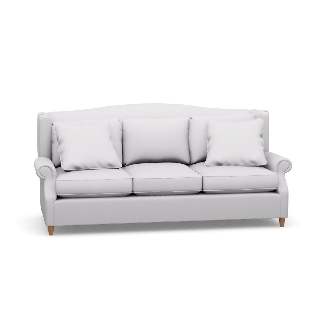 A white couch with three pillows on a white background.