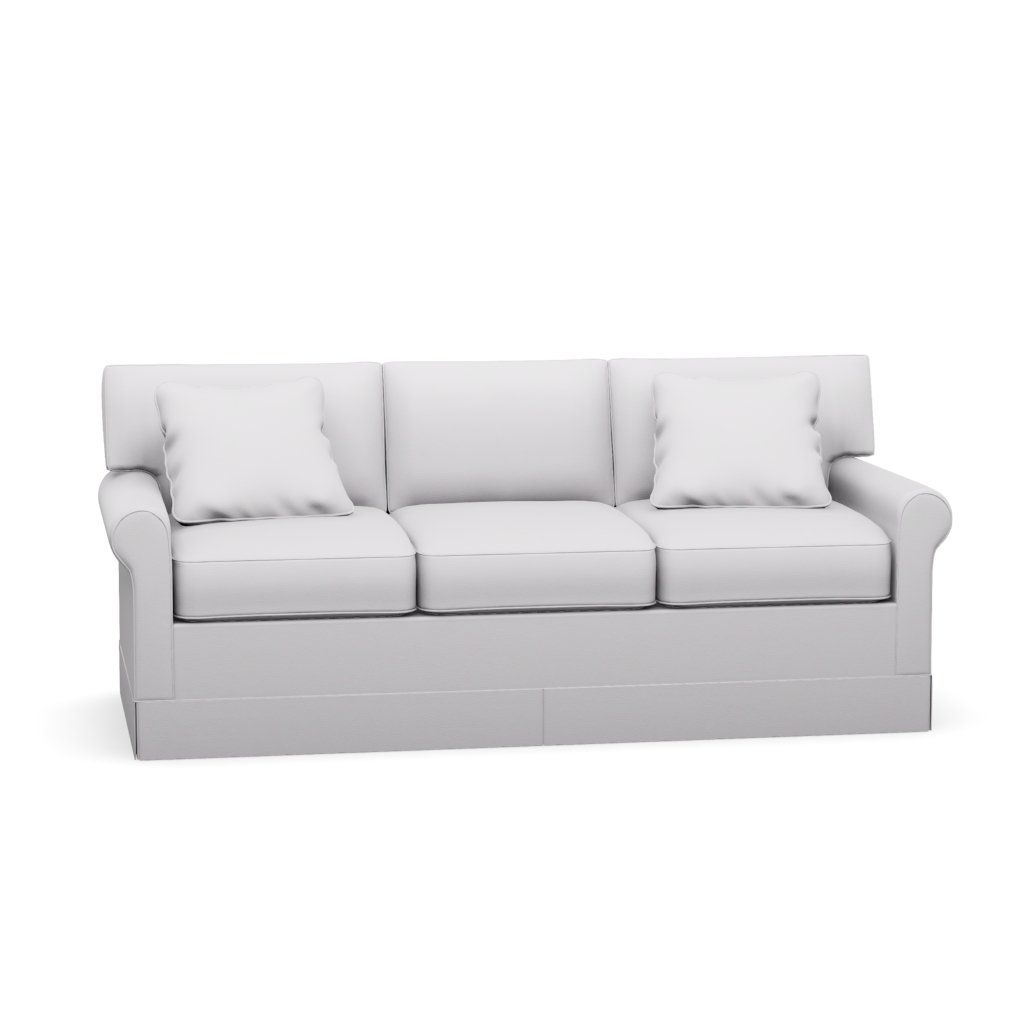 A white couch with three pillows on a white background.
