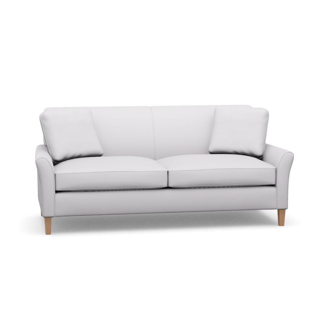 A white couch with wooden legs on a white background.
