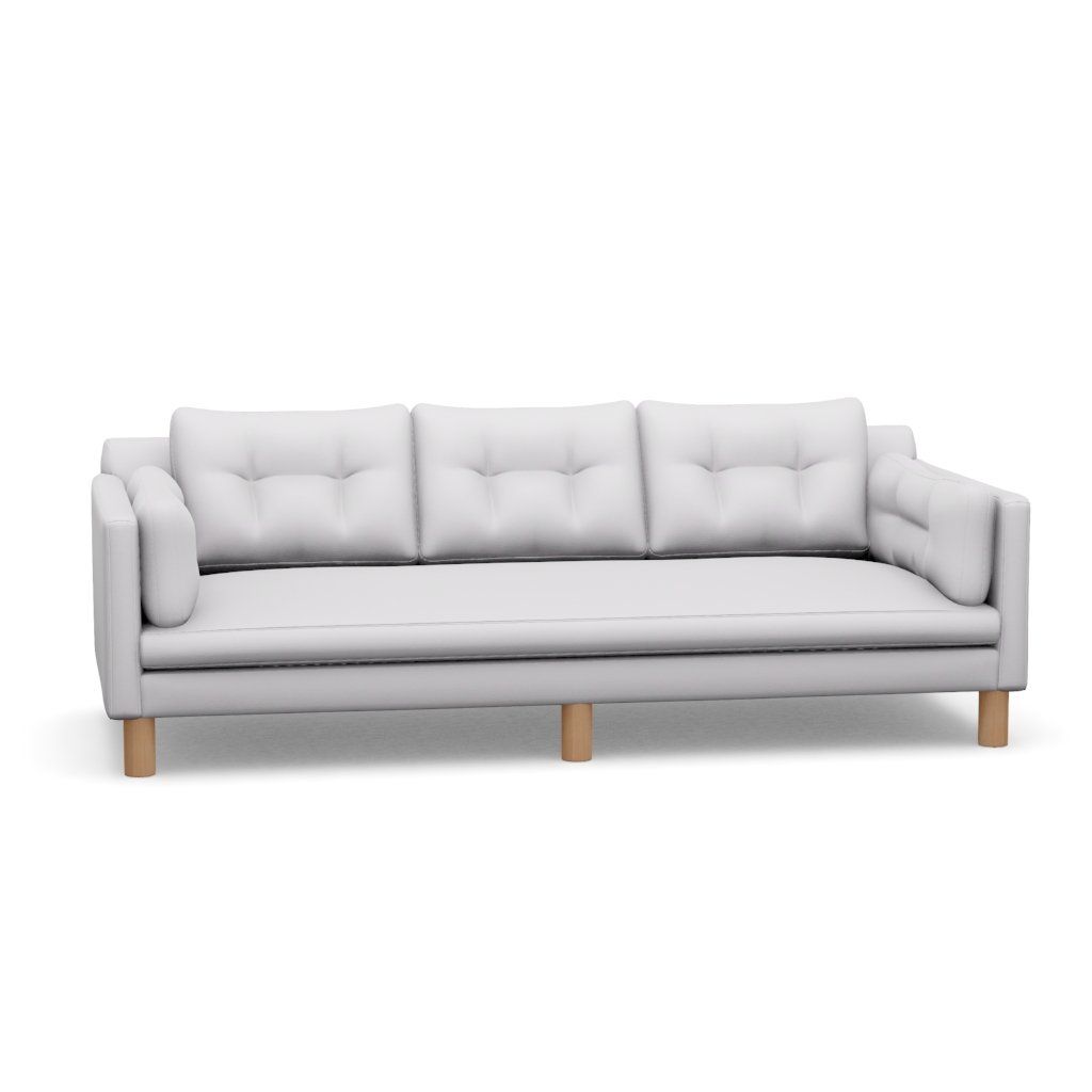 A white couch with wooden legs on a white background.