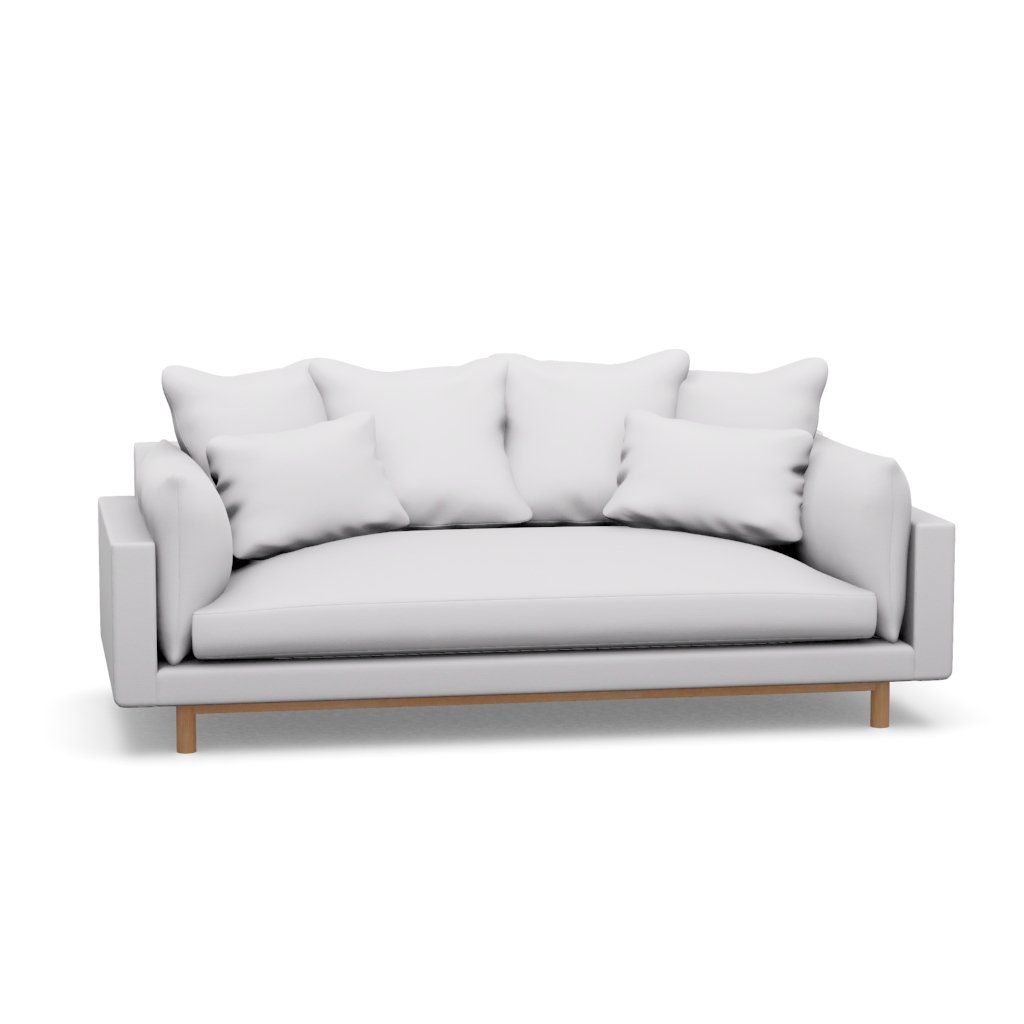 A white couch with wooden legs and pillows on a white background.