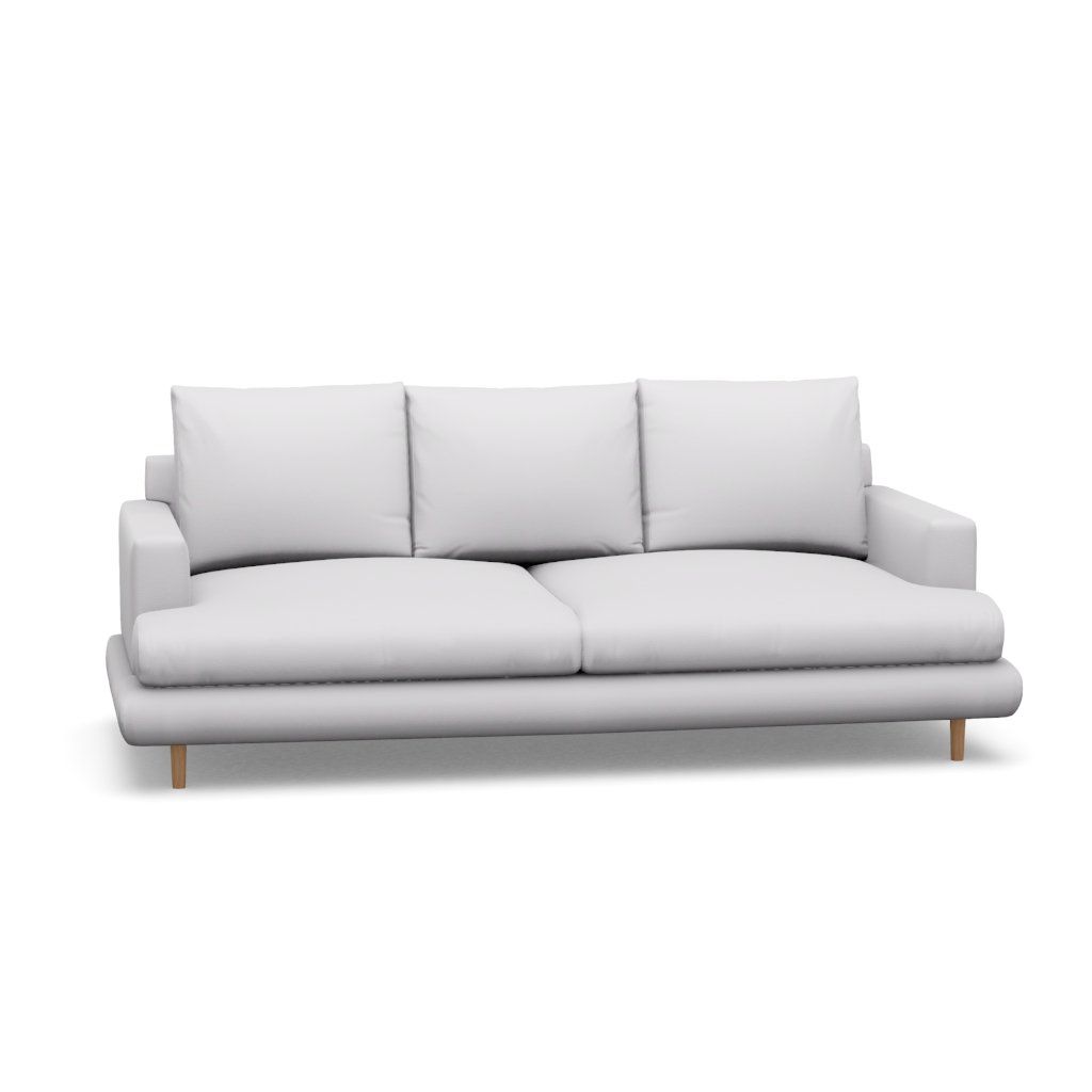 A white couch with wooden legs on a white background.