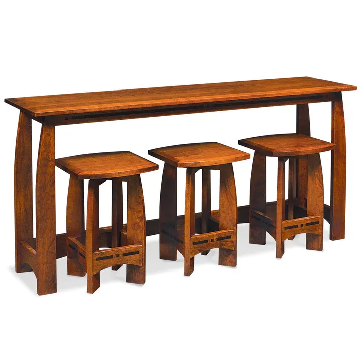 A wooden table with four wooden stools on it
