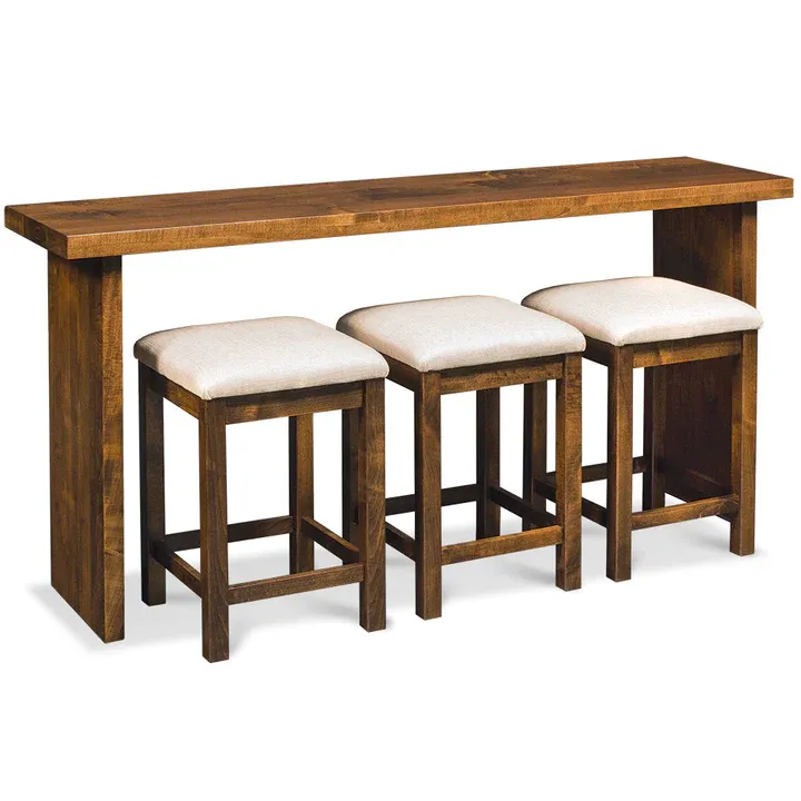 A wooden table with three stools underneath it