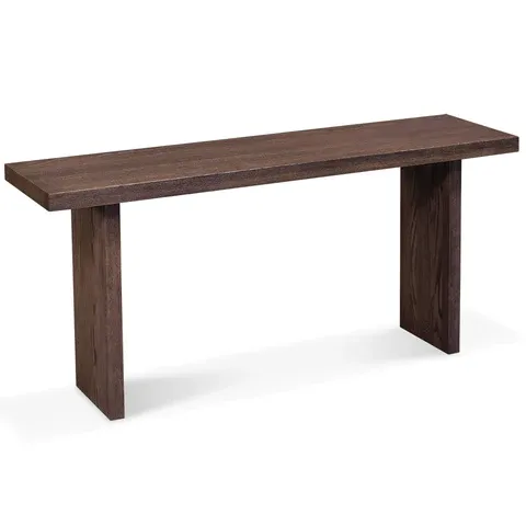 A wooden bench with two legs on a white background.