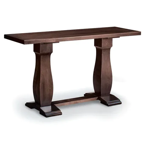 A wooden table with two legs on a white background