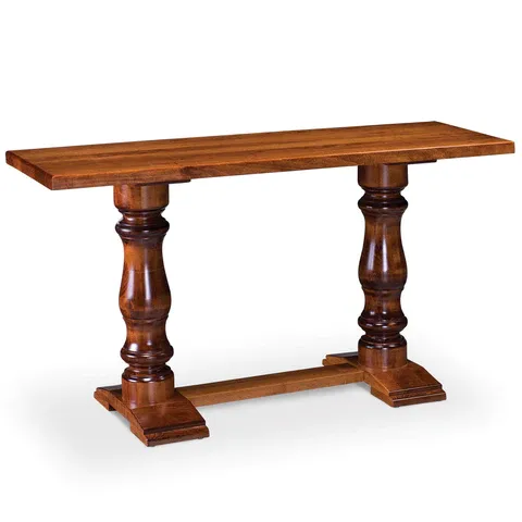 A wooden table with two wooden legs on a white background.
