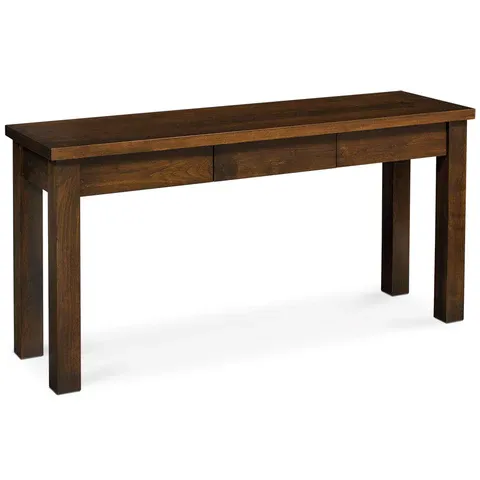 A long wooden table with two drawers on a white background