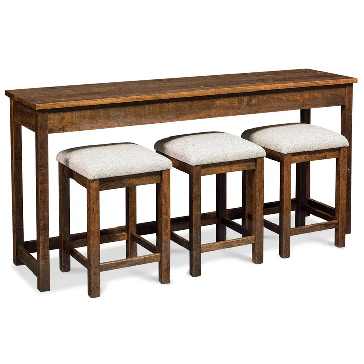 A wooden table with three stools underneath it