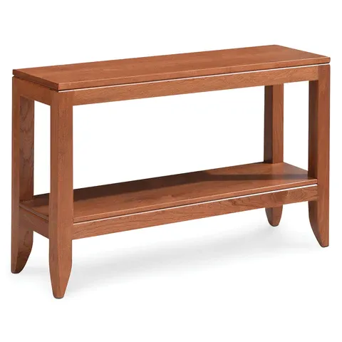 A wooden bench with a shelf underneath it on a white background.