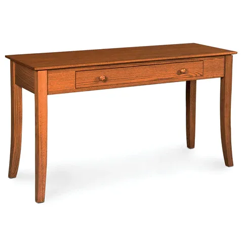 A wooden desk with two drawers on a white background.