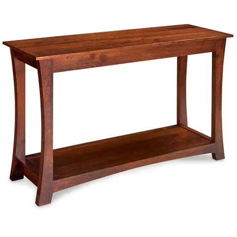 A wooden table with a shelf underneath it on a white background