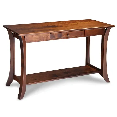 A wooden table with a drawer and a shelf underneath it