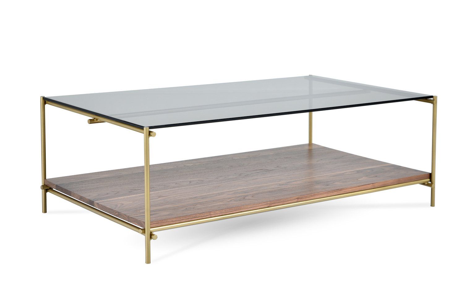 A coffee table with a glass top and a wooden shelf underneath it.