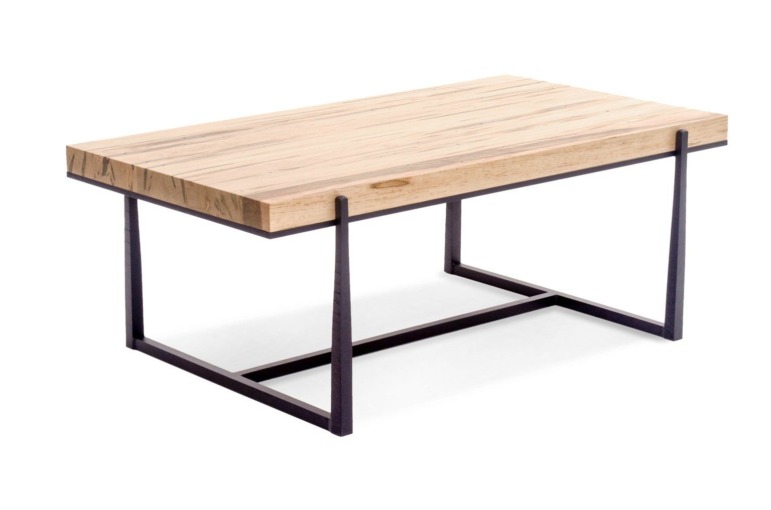 A wooden coffee table with a metal frame on a white background.