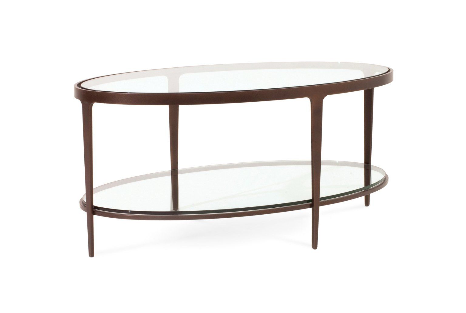 A coffee table with a glass top and a wooden frame on a white background.