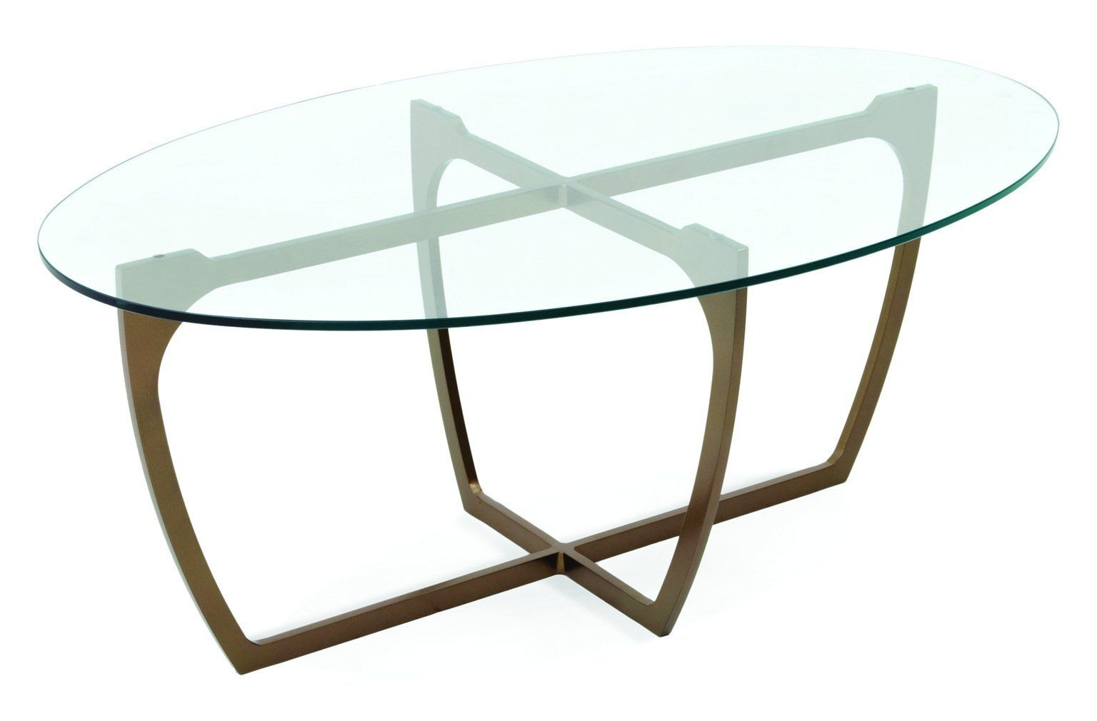 A glass coffee table with a wooden base on a white background.