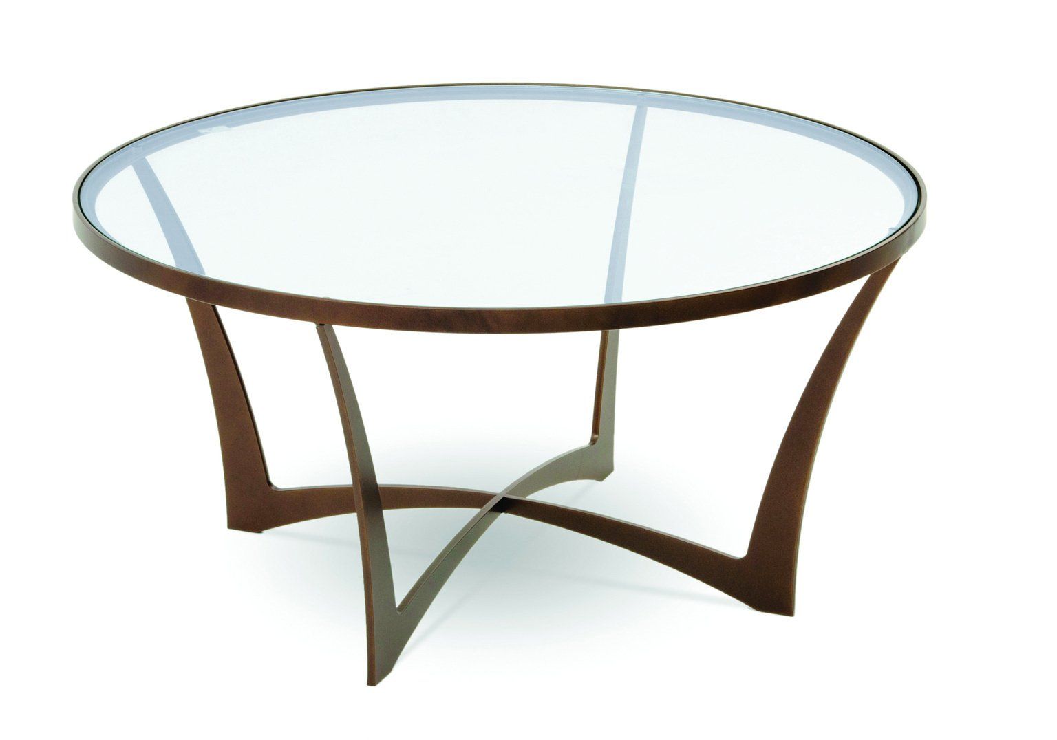 A round table with a glass top and a wooden frame