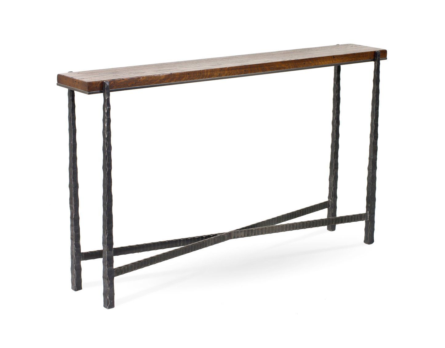 A long wooden table with a metal frame on a white background.