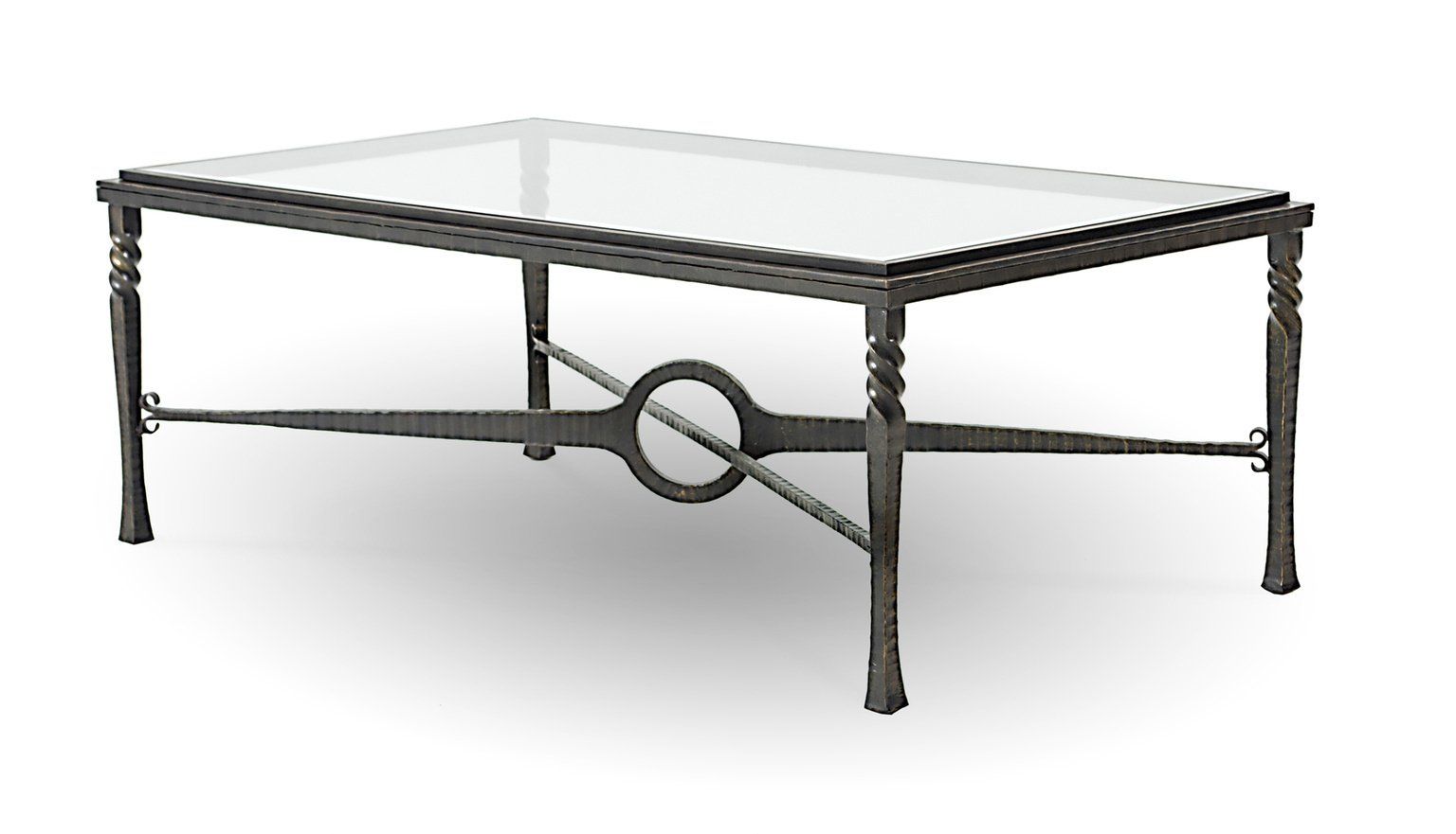 A coffee table with a glass top and a wrought iron frame