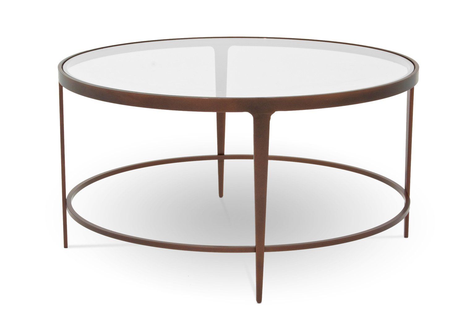 A round table with a clear glass top and a brown frame
