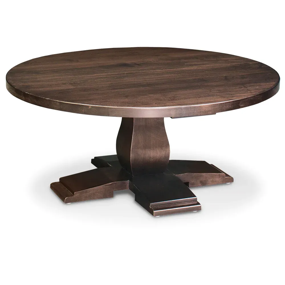 A round wooden table with a black base on a white background.