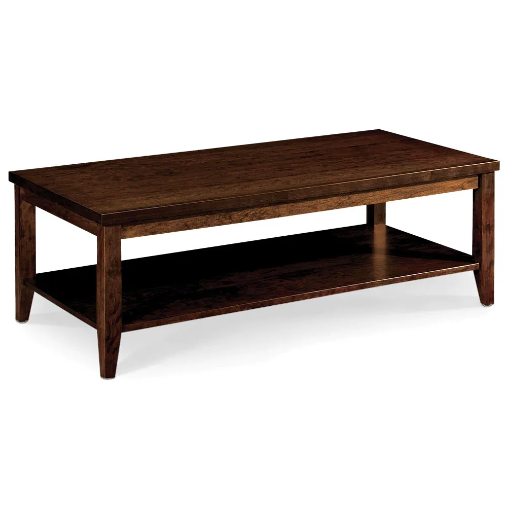 A wooden coffee table with a shelf underneath it on a white background.