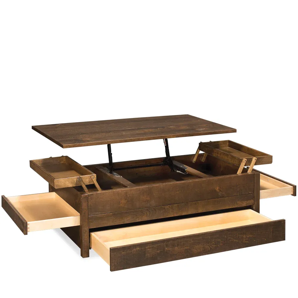 A wooden coffee table with drawers underneath it