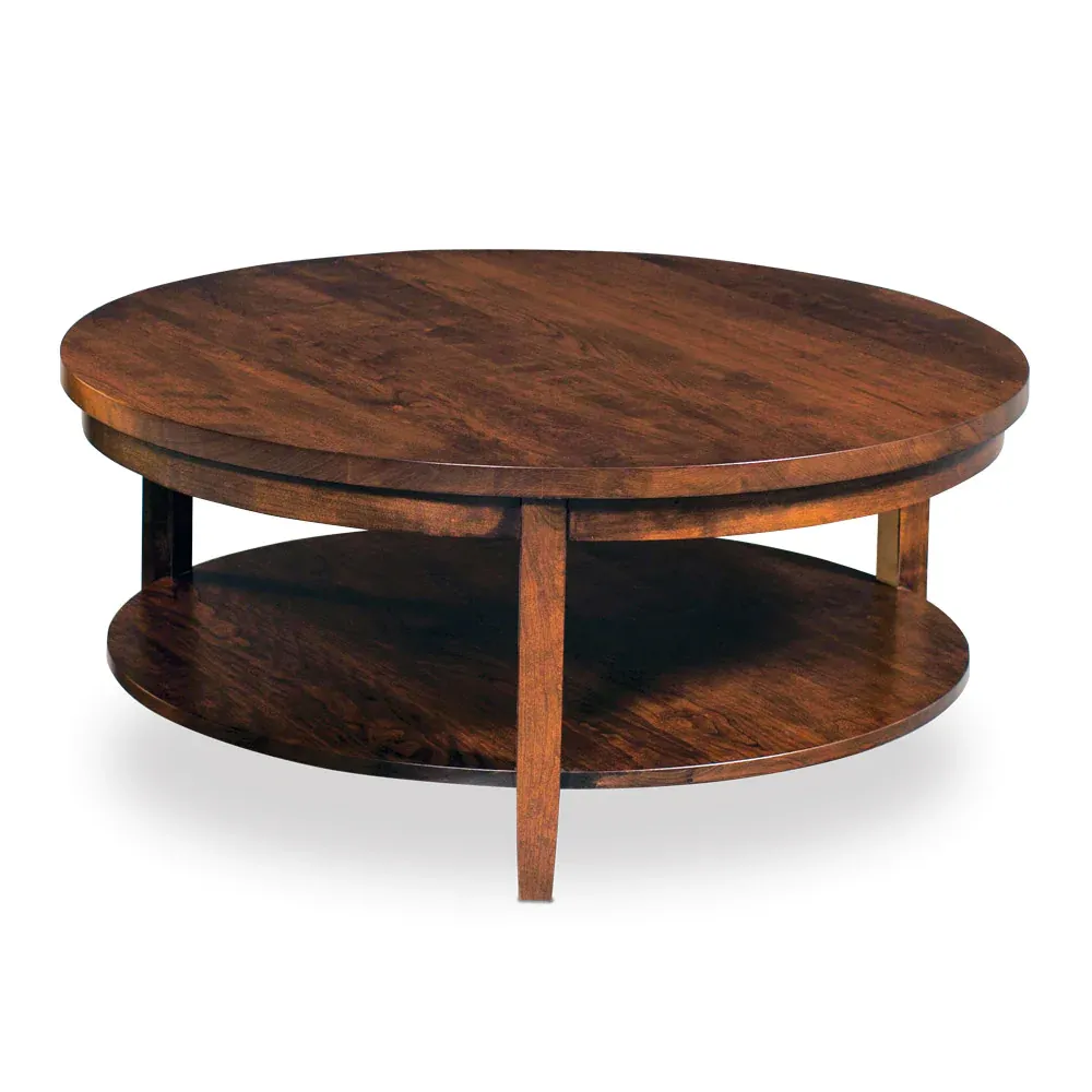 A round wooden coffee table with a shelf underneath it on a white background.
