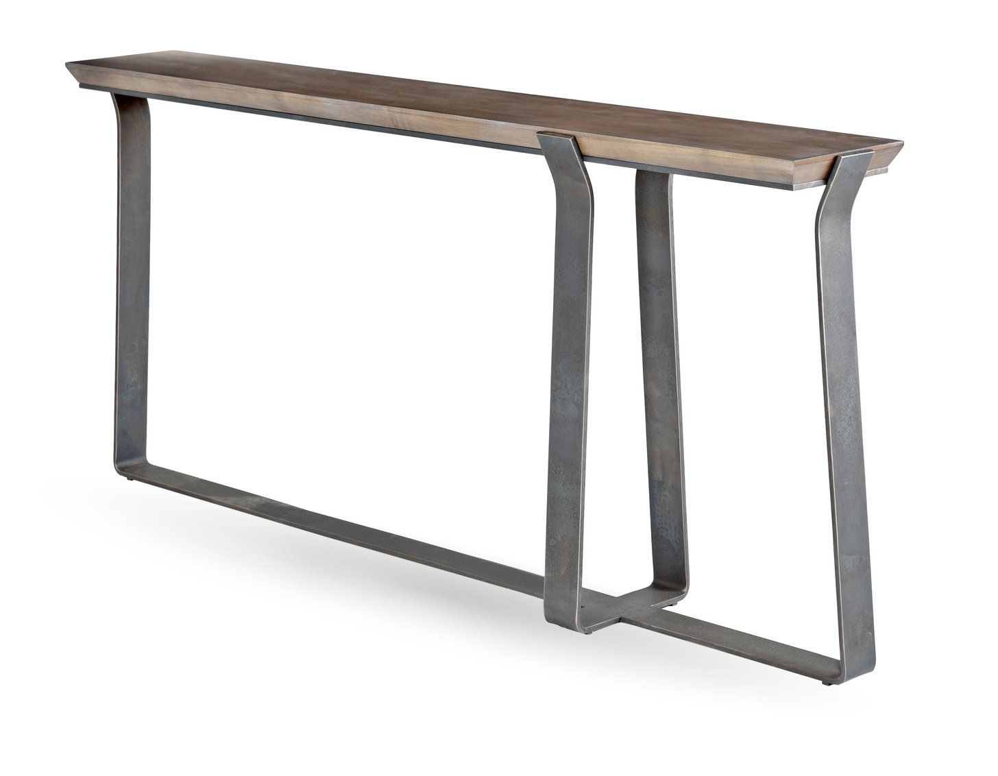 A long wooden table with a metal frame on a white background.