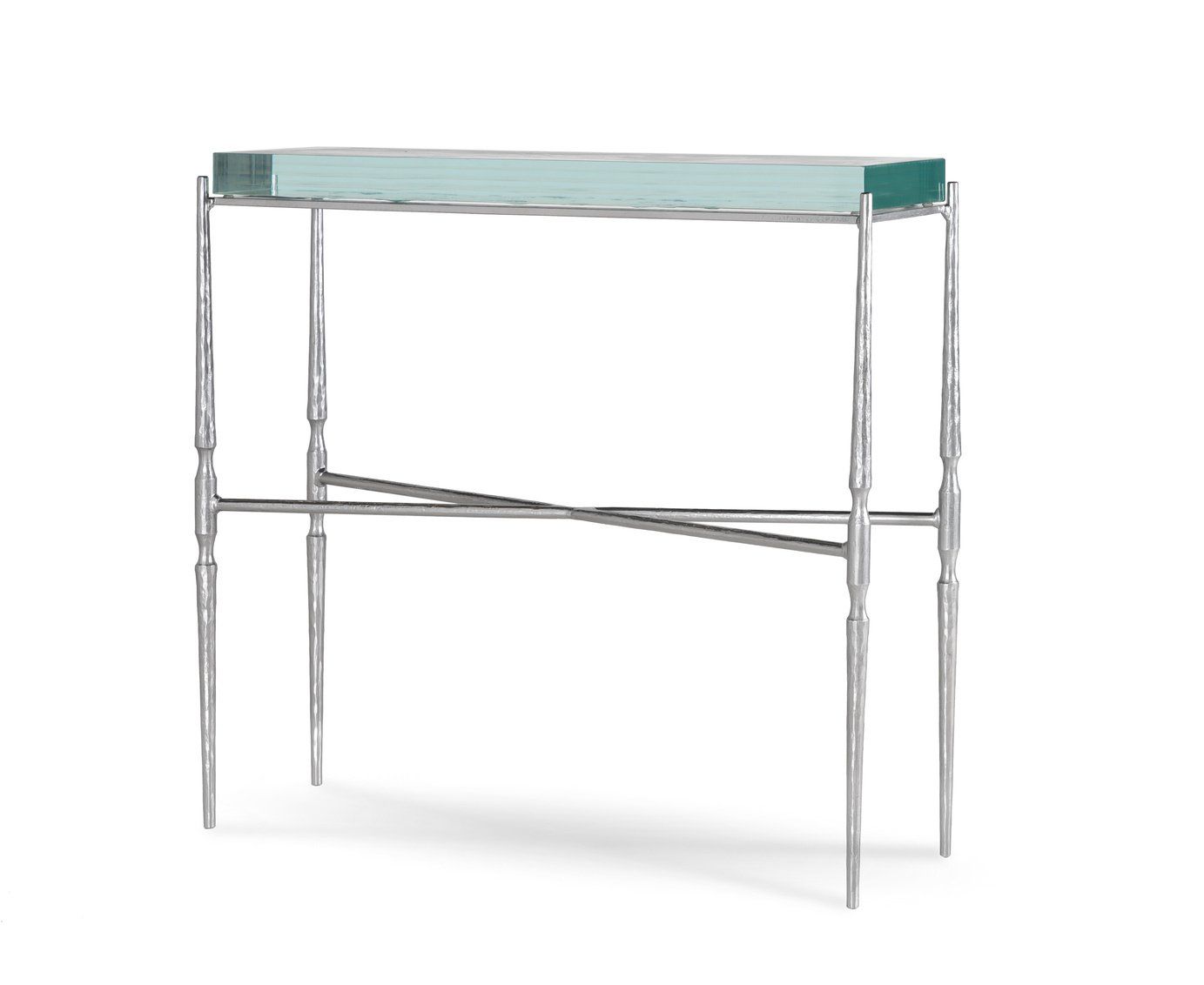 A silver console table with a clear glass top on a white background.